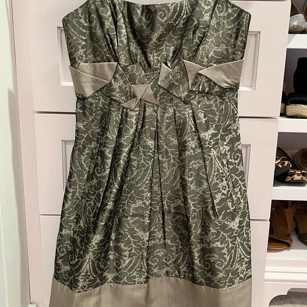 BCBG silk taffeta gray, silver and champagne cocktail dress.